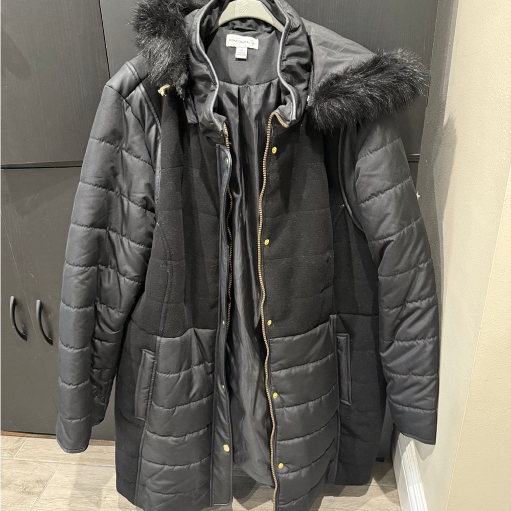 Susan Graver Black Puffer Coat with Faux Fur Hood